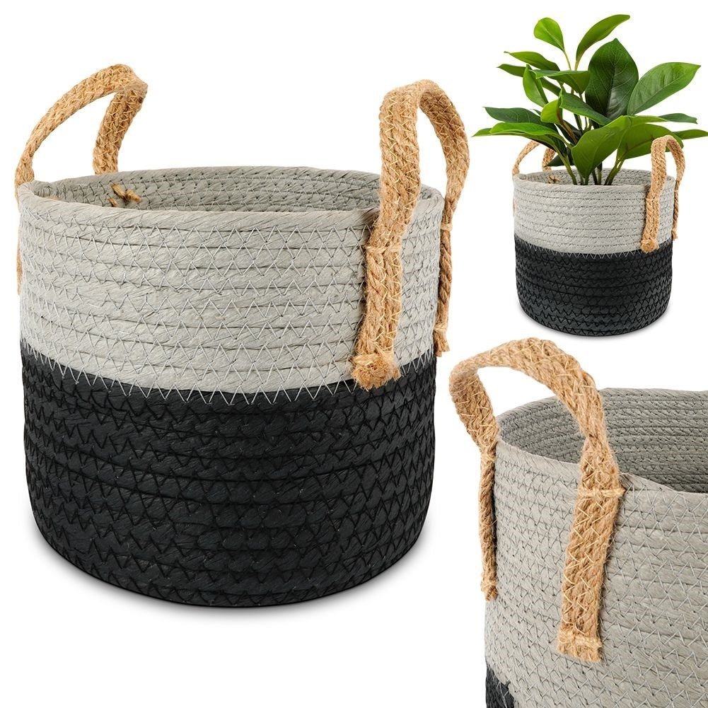 Black and gray waste bin with handle for storage