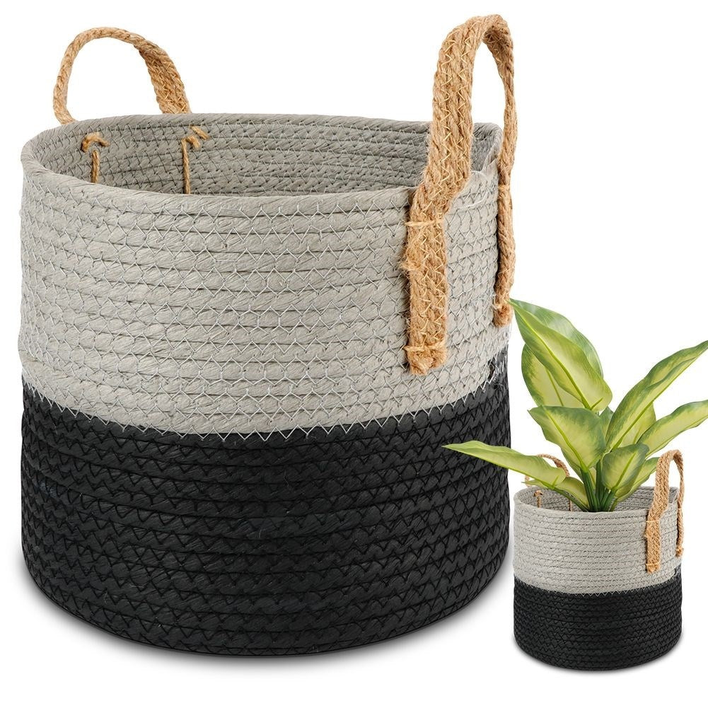Black and gray waste bin with handle for storage