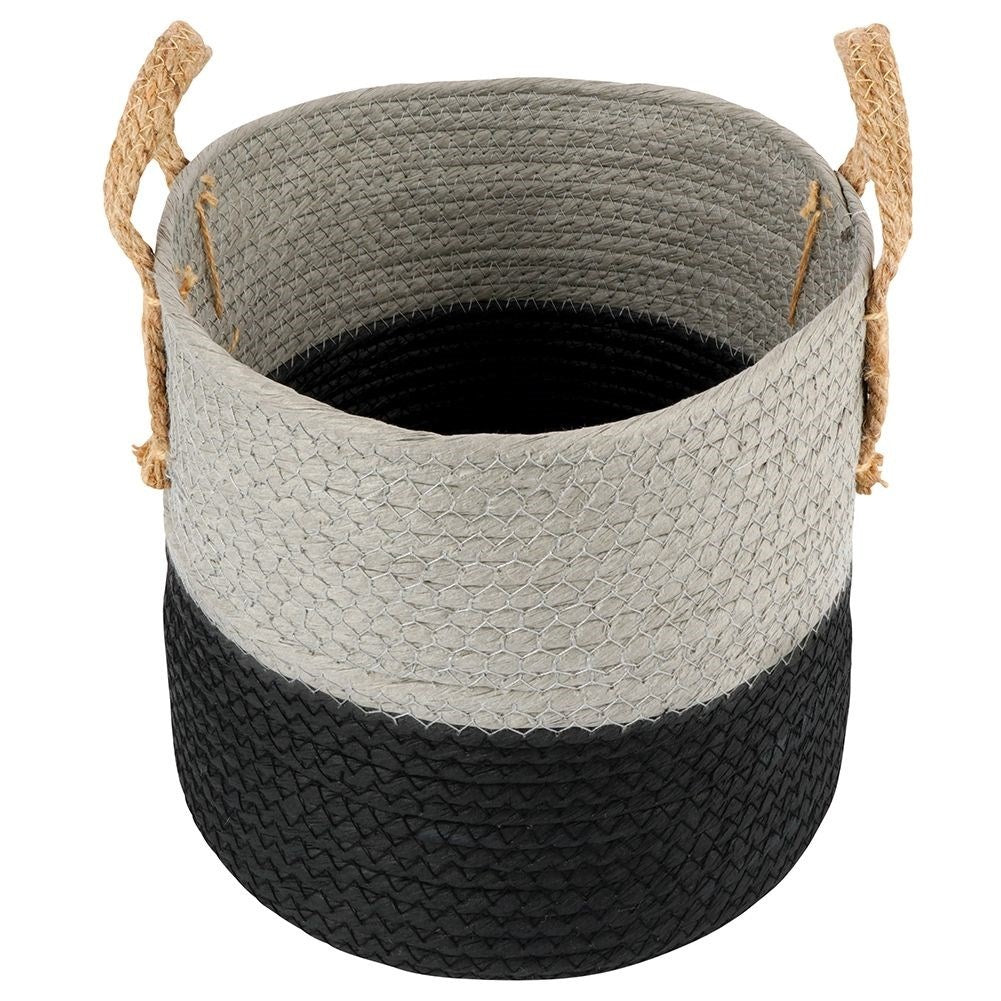 Black and gray waste bin with handle for storage