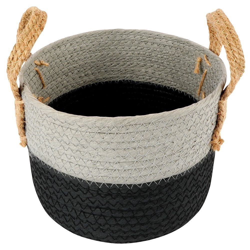 Black and gray waste bin with handle for storage