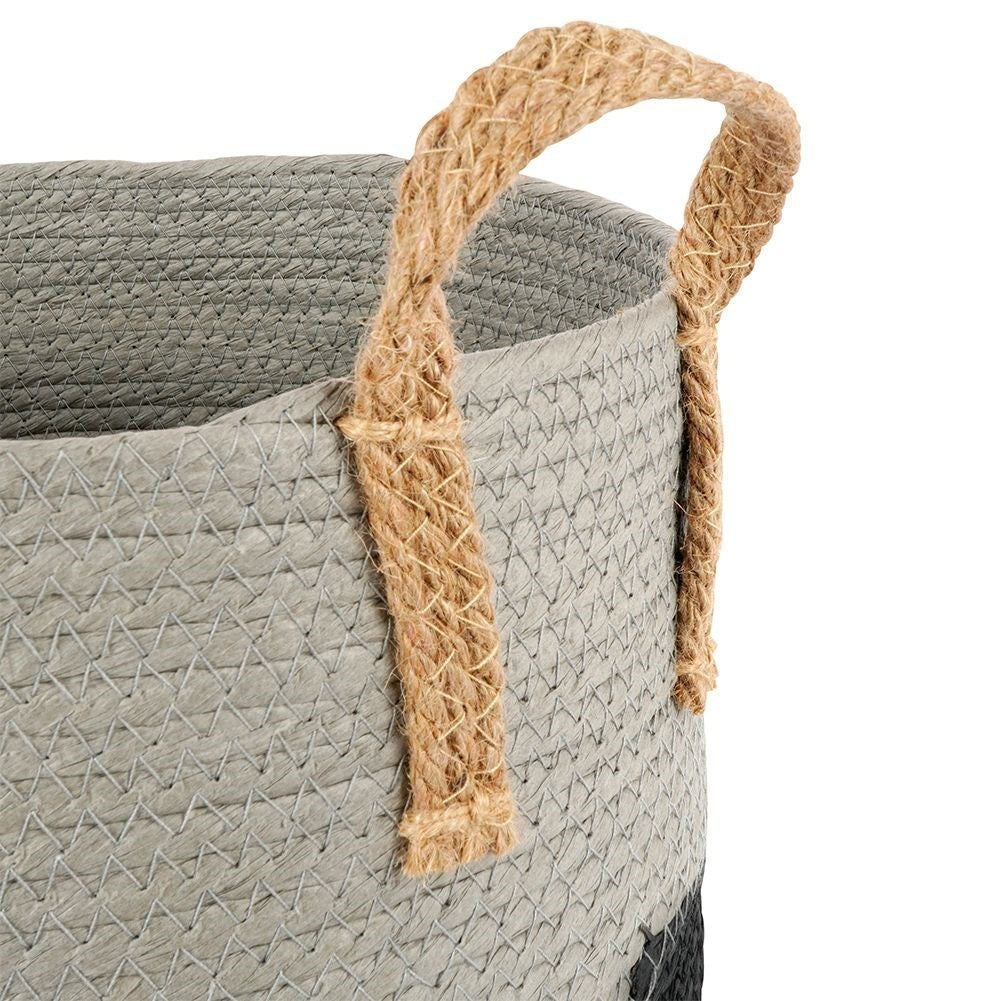 Black and gray waste bin with handle for storage