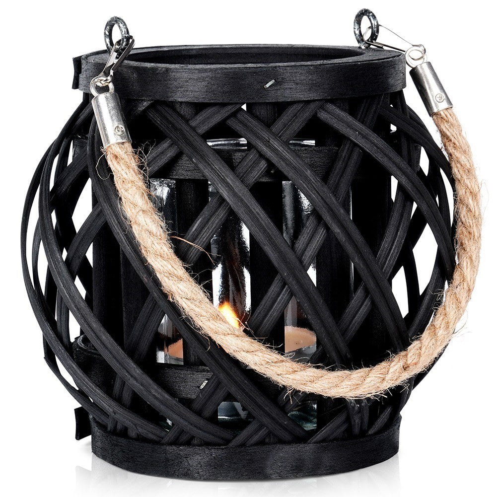 Black bamboo tealight lantern with glass inlay