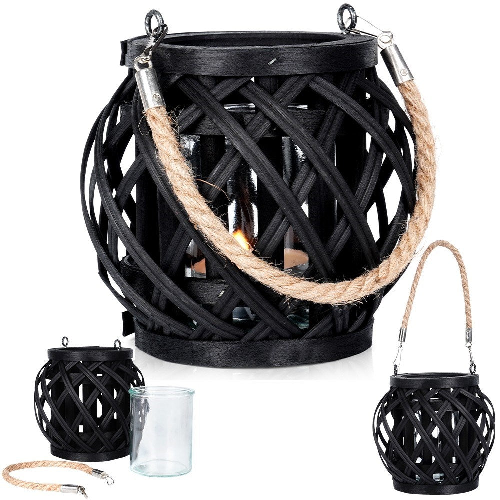 Black bamboo tealight lantern with glass inlay