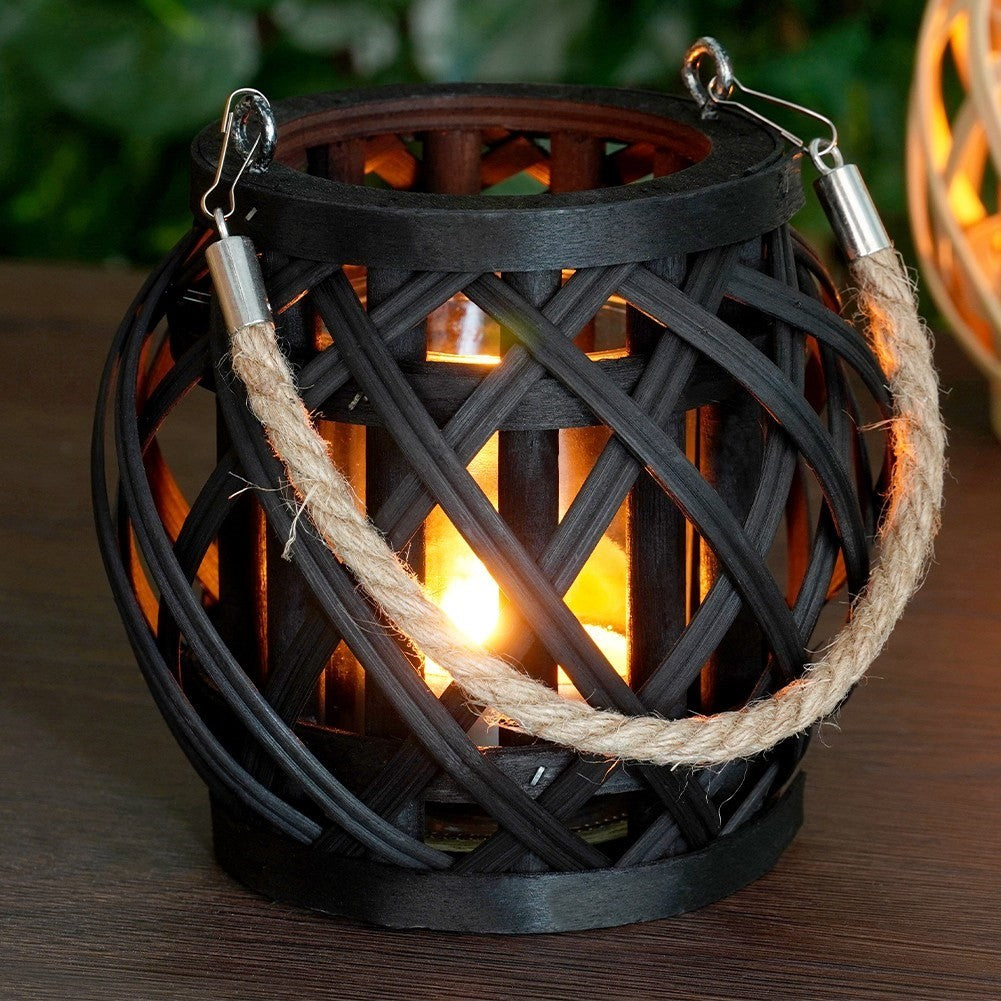 Black bamboo tealight lantern with glass inlay