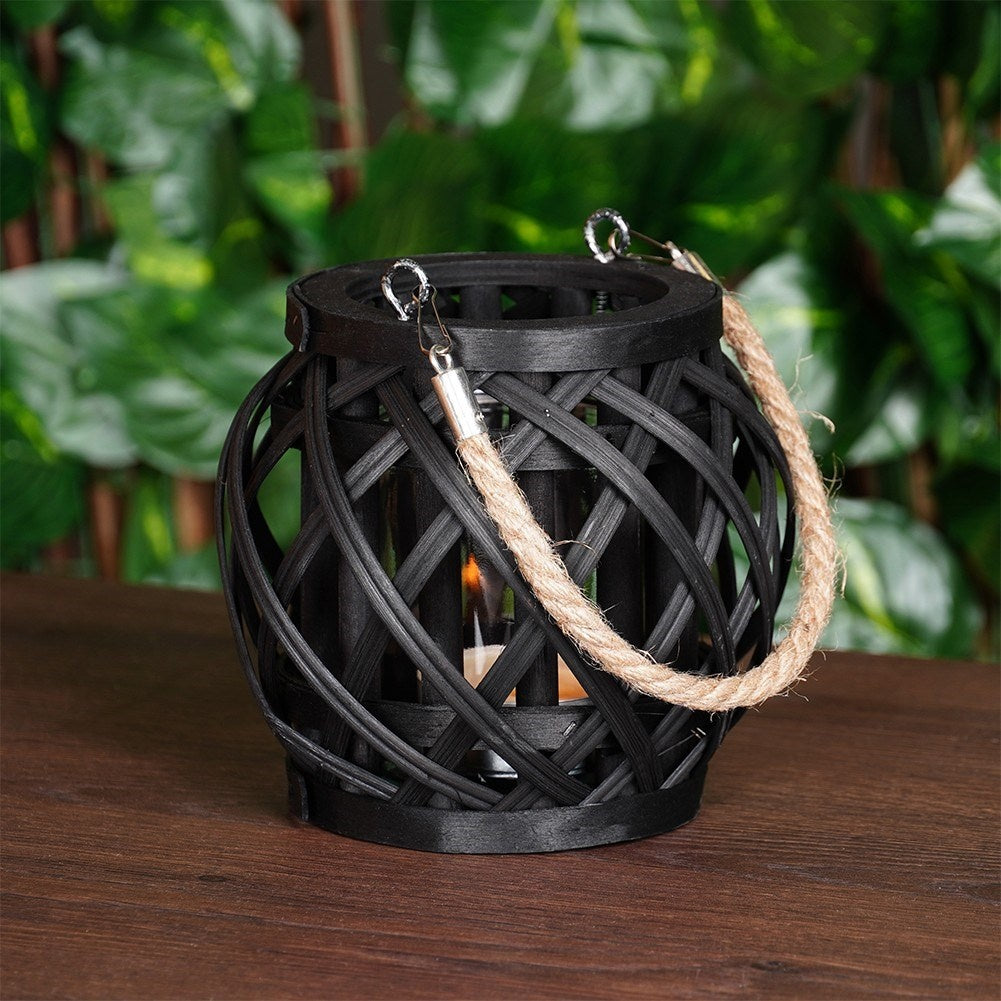 Black bamboo tealight lantern with glass inlay