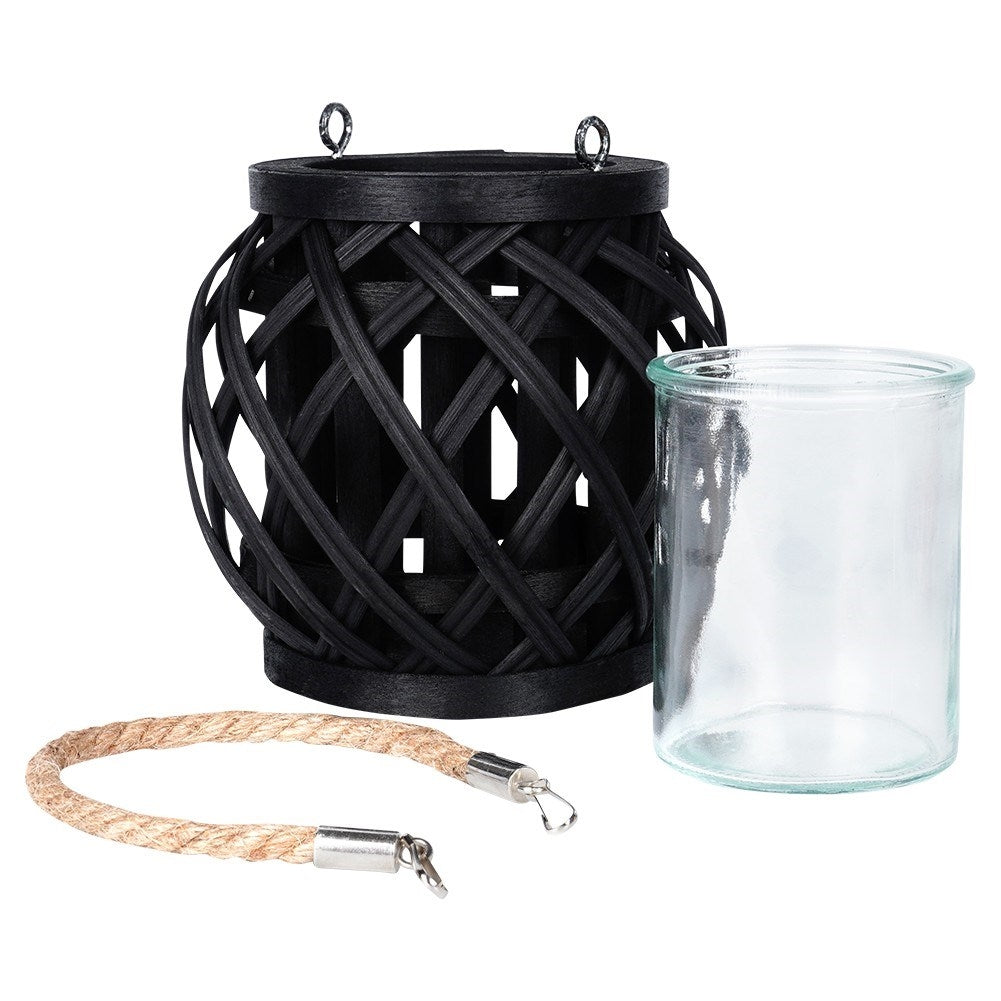 Black bamboo tealight lantern with glass inlay