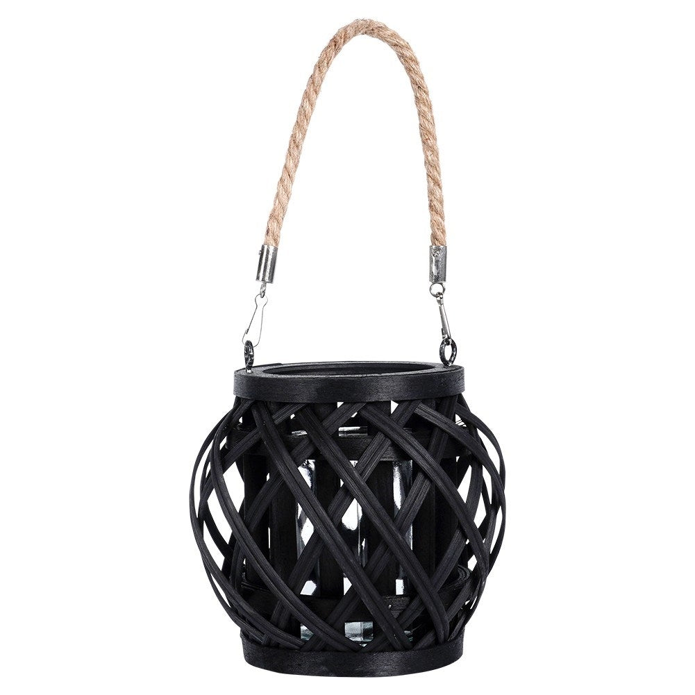 Black bamboo tealight lantern with glass inlay