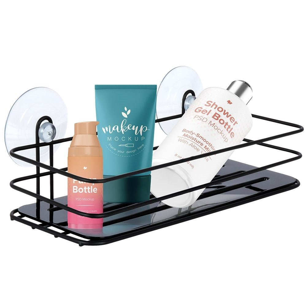 Black bathroom shelf with suction cups for cosmetics and accessories