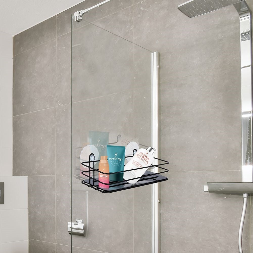 Black bathroom shelf with suction cups for cosmetics and accessories
