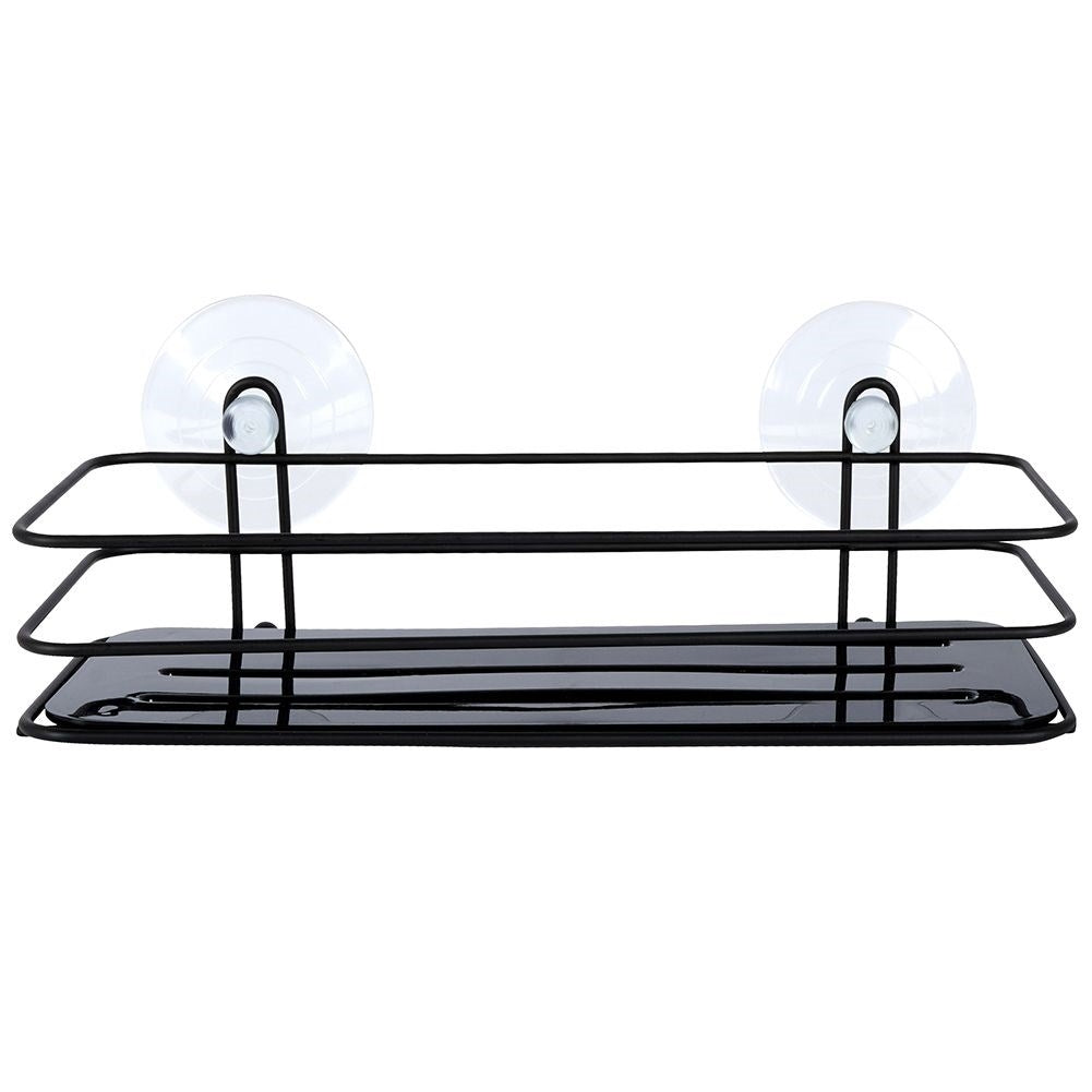 Black bathroom shelf with suction cups for cosmetics and accessories
