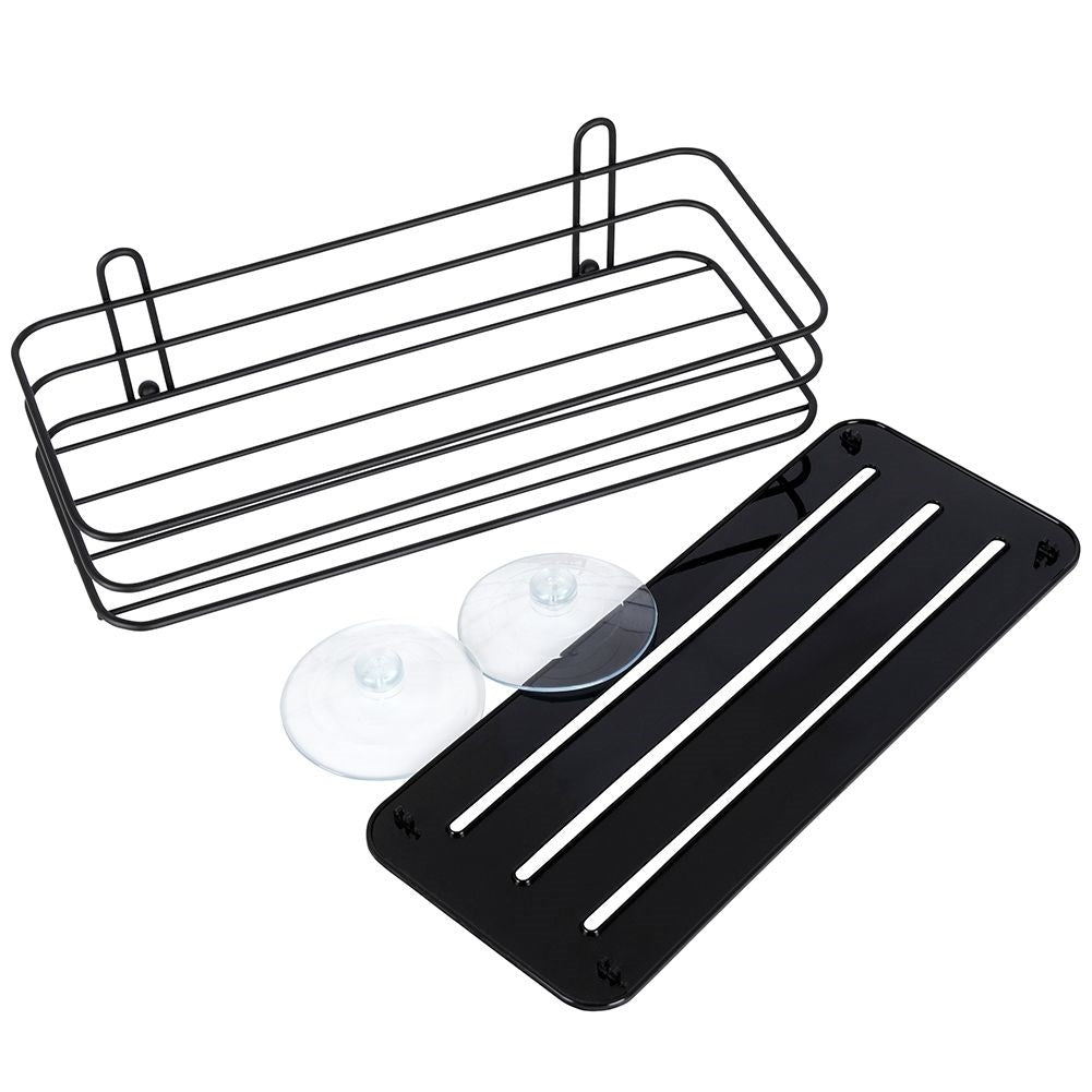 Black bathroom shelf with suction cups for cosmetics and accessories