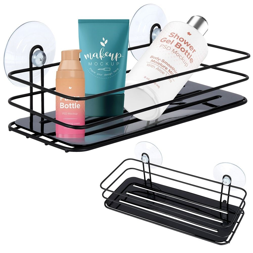 Black bathroom shelf with suction cups for cosmetics and accessories