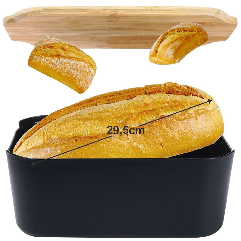 Black bread box with bamboo cutting board