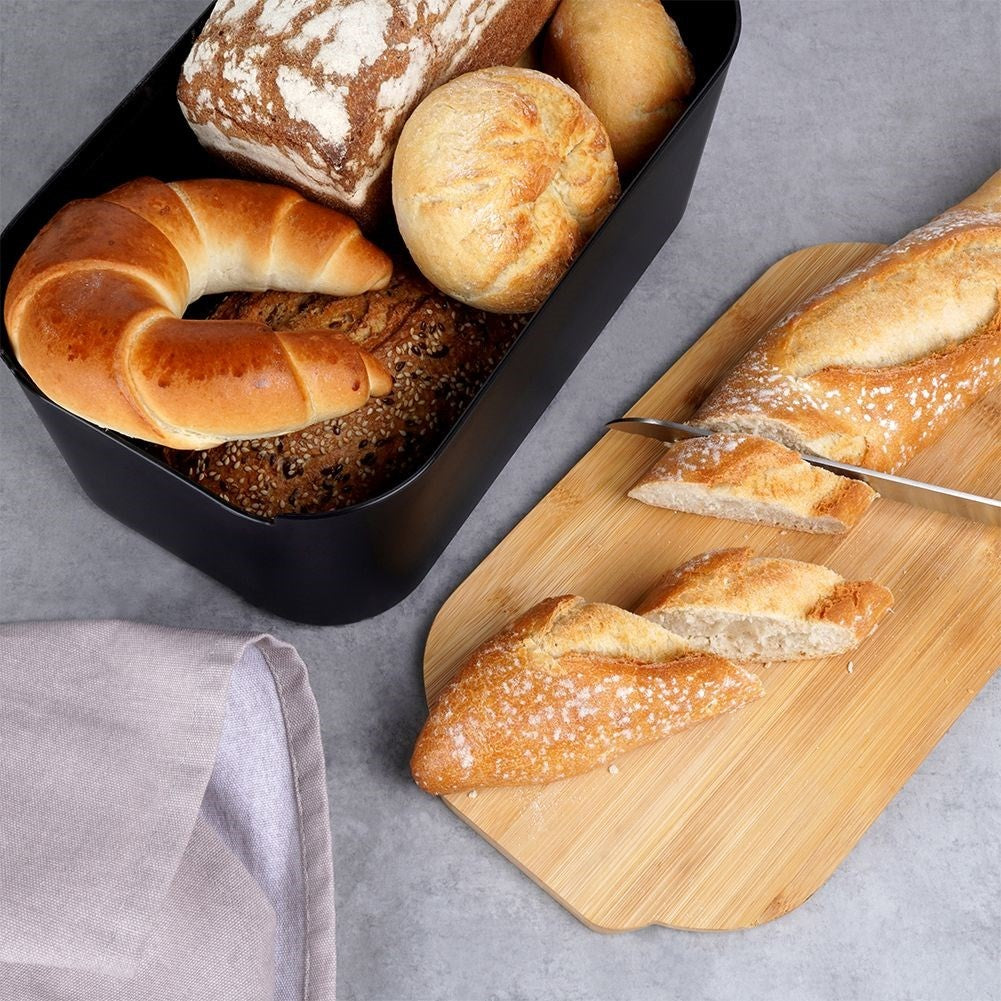 Black bread box with bamboo cutting board