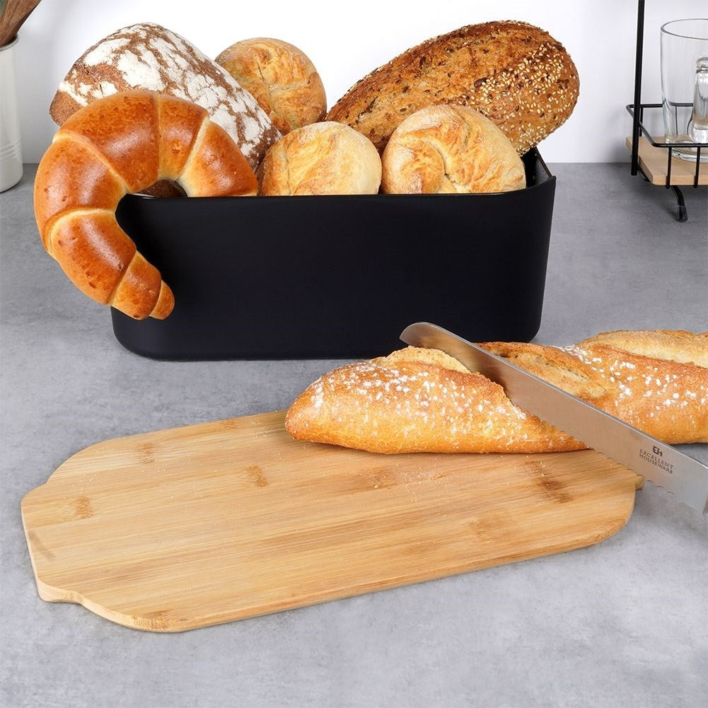 Black bread box with bamboo cutting board