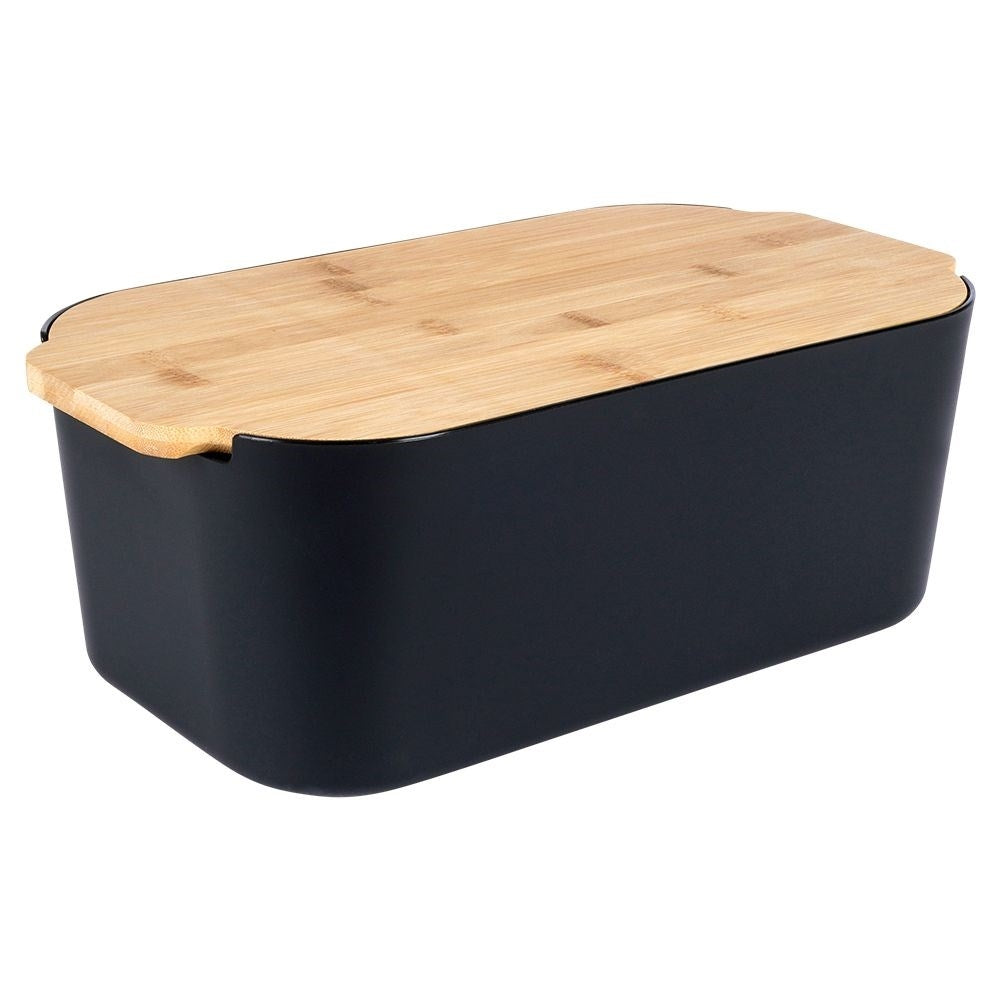 Black bread box with bamboo cutting board