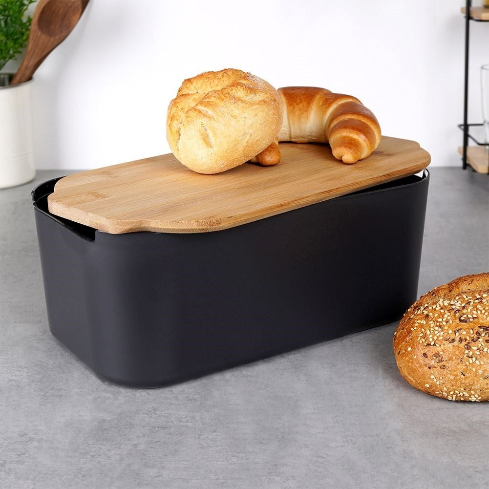 Black bread box with bamboo cutting board