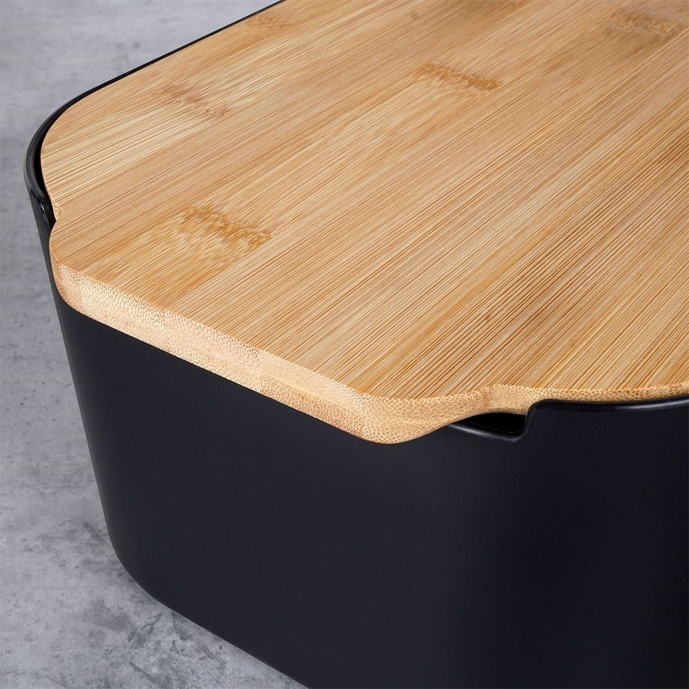 Black bread box with bamboo cutting board