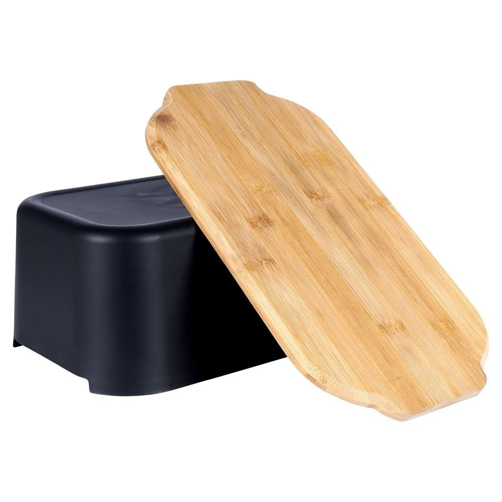 Black bread box with bamboo cutting board