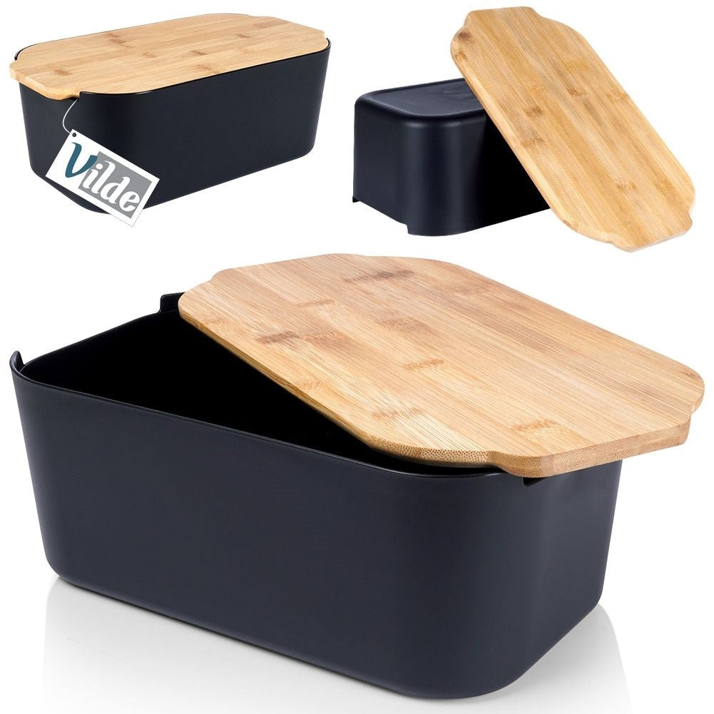 Black bread box with bamboo cutting board