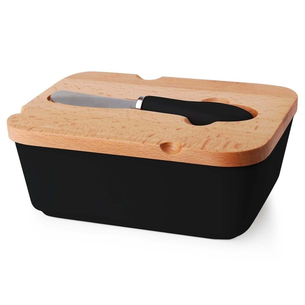 Black butter changer with bamboo lid and knife for refrigerator