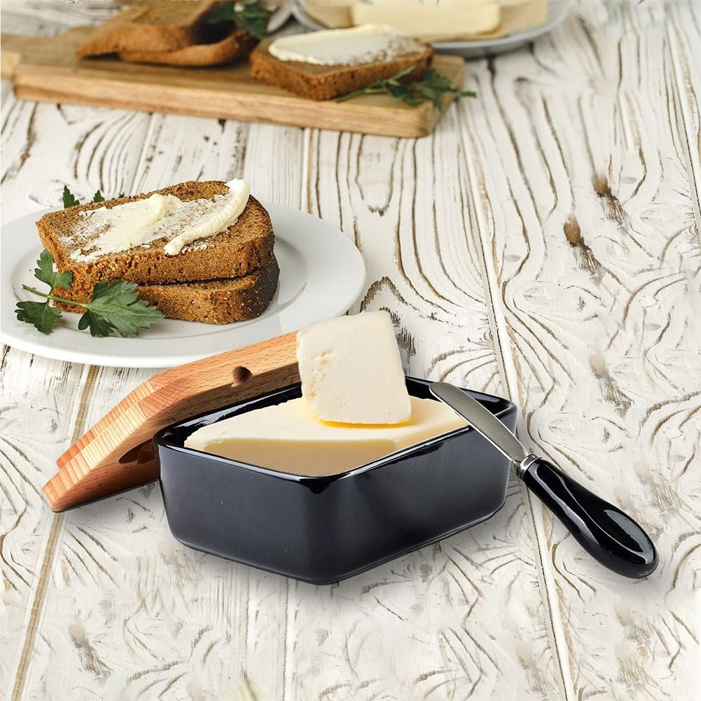 Black butter changer with bamboo lid and knife for refrigerator