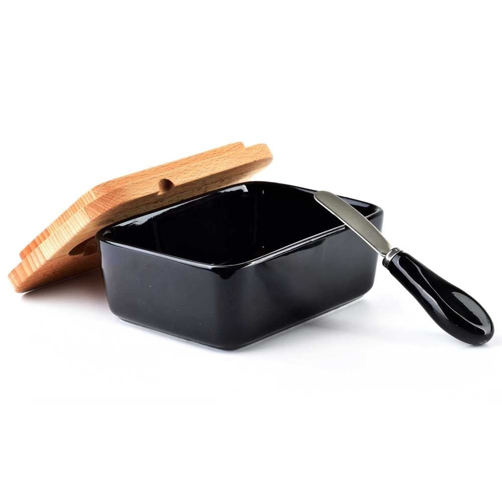 Black butter changer with bamboo lid and knife for refrigerator