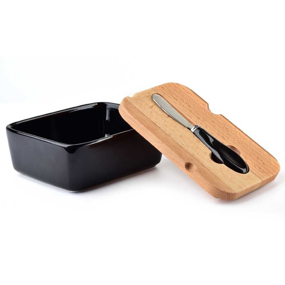 Black butter changer with bamboo lid and knife for refrigerator