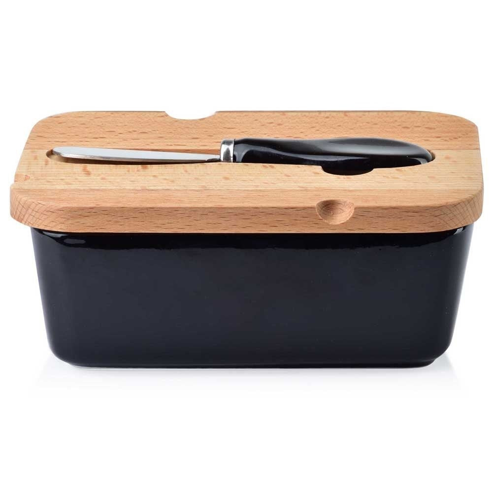 Black butter changer with bamboo lid and knife for refrigerator