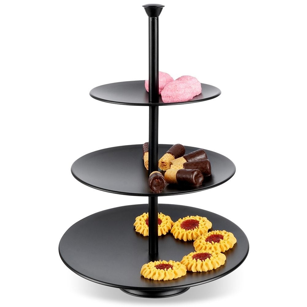 Black cake plate with three levels for muffins and desserts