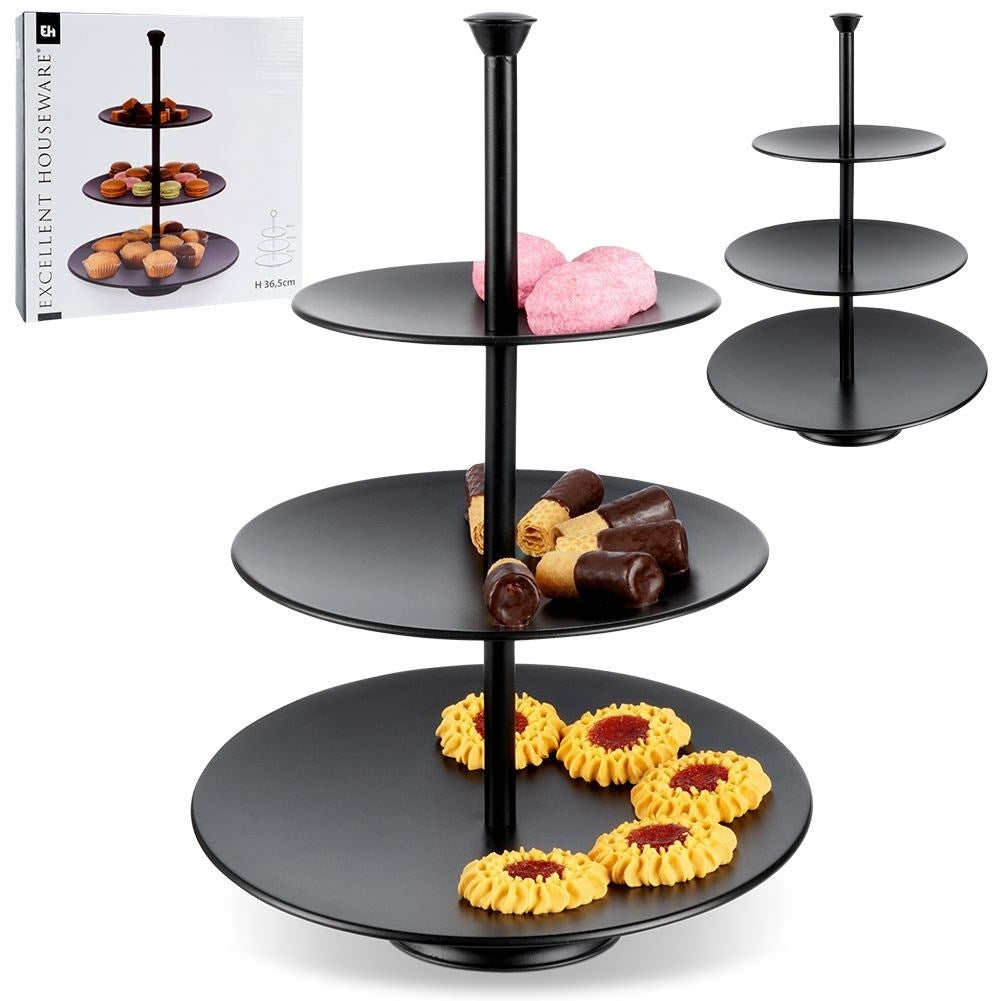 Black cake plate with three levels for muffins and desserts