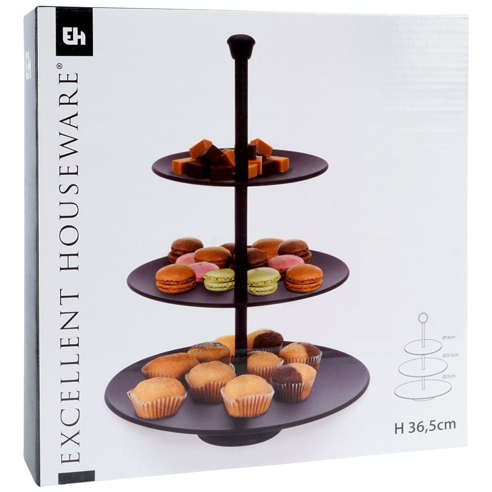 Black cake plate with three levels for muffins and desserts