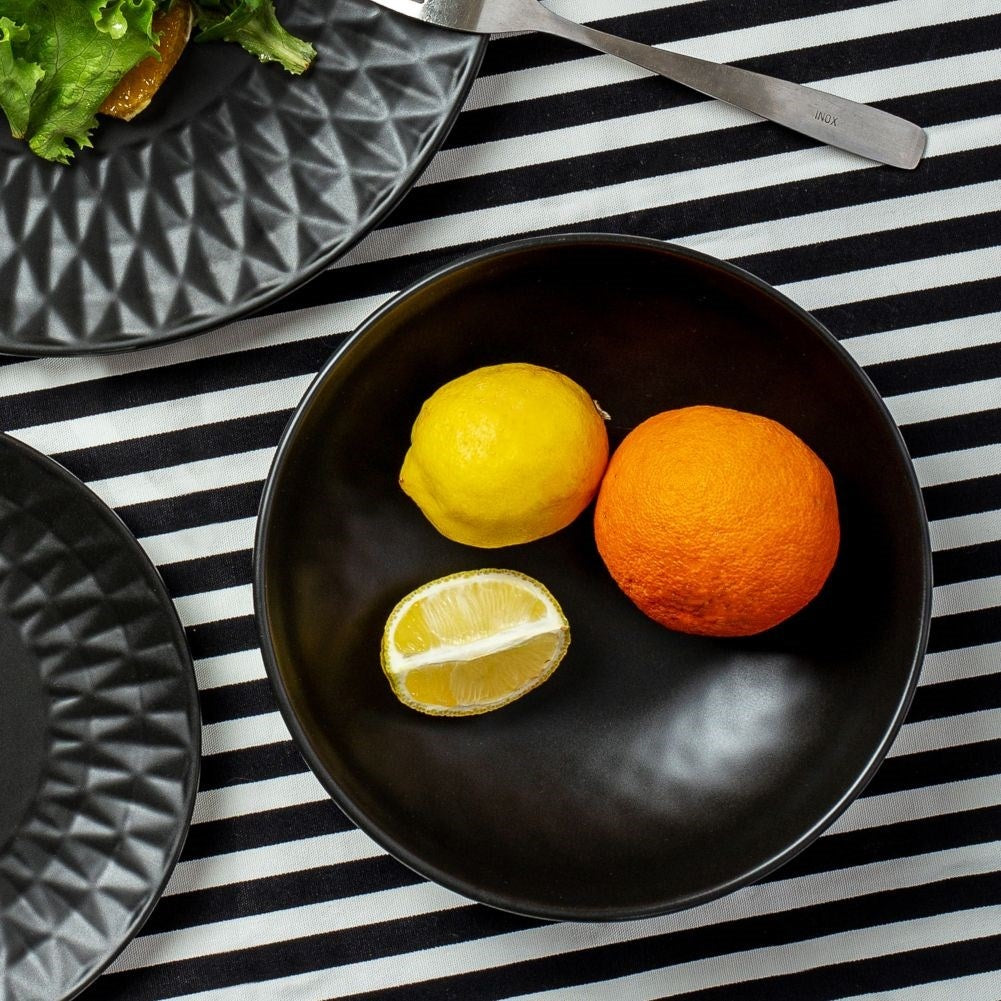 Black ceramic bowl with pattern, dishwasher and microwave safe