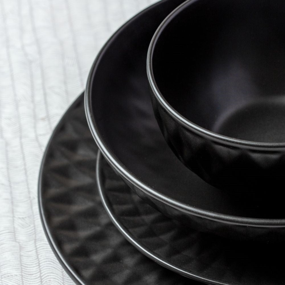 Black ceramic bowl with pattern, dishwasher and microwave safe