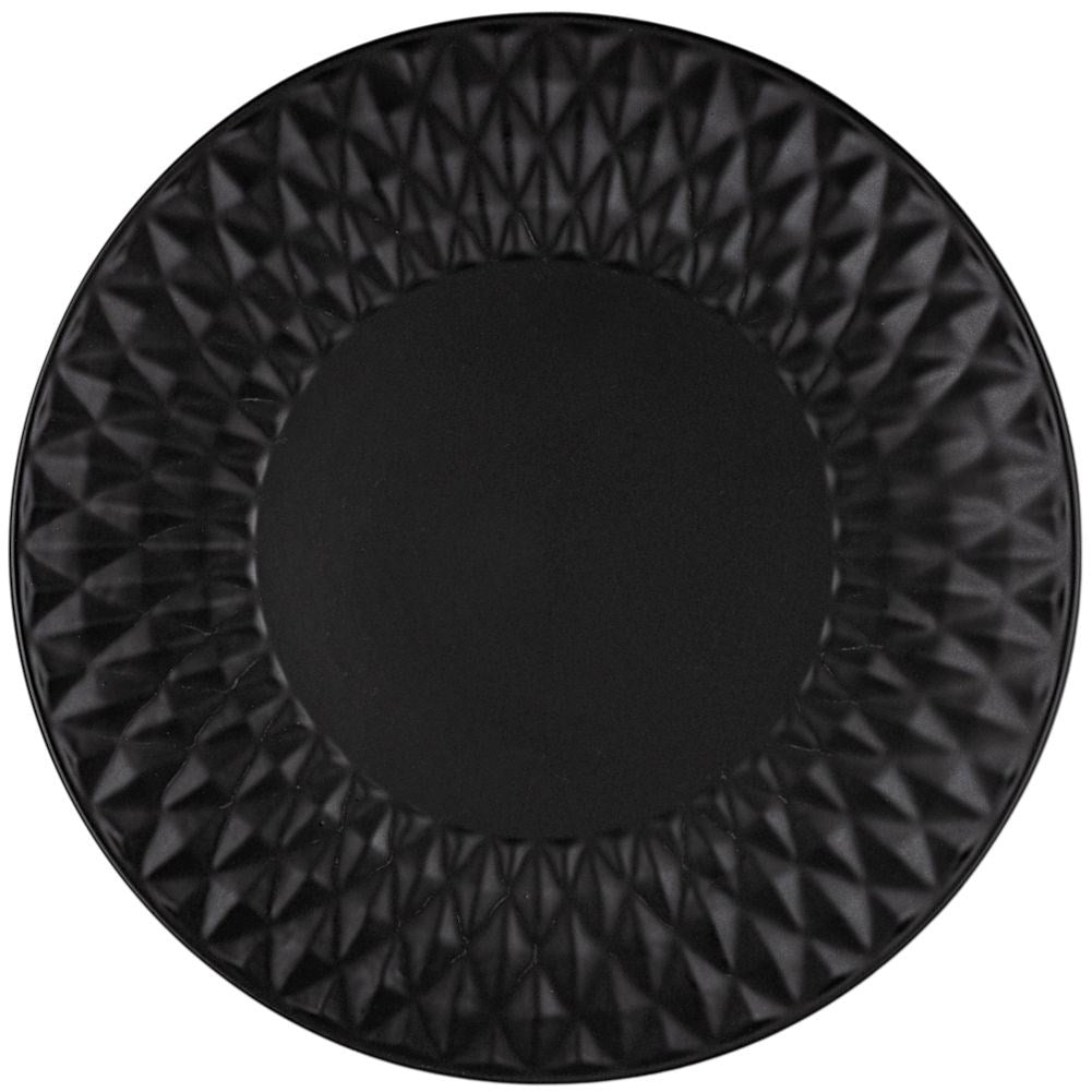 Black ceramic plate with elegant relief pattern, dishwasher safe