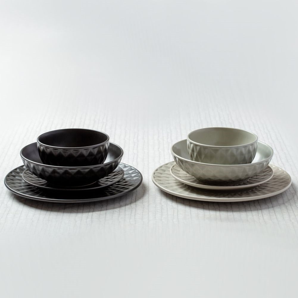 Black ceramic plate with elegant relief pattern, dishwasher safe