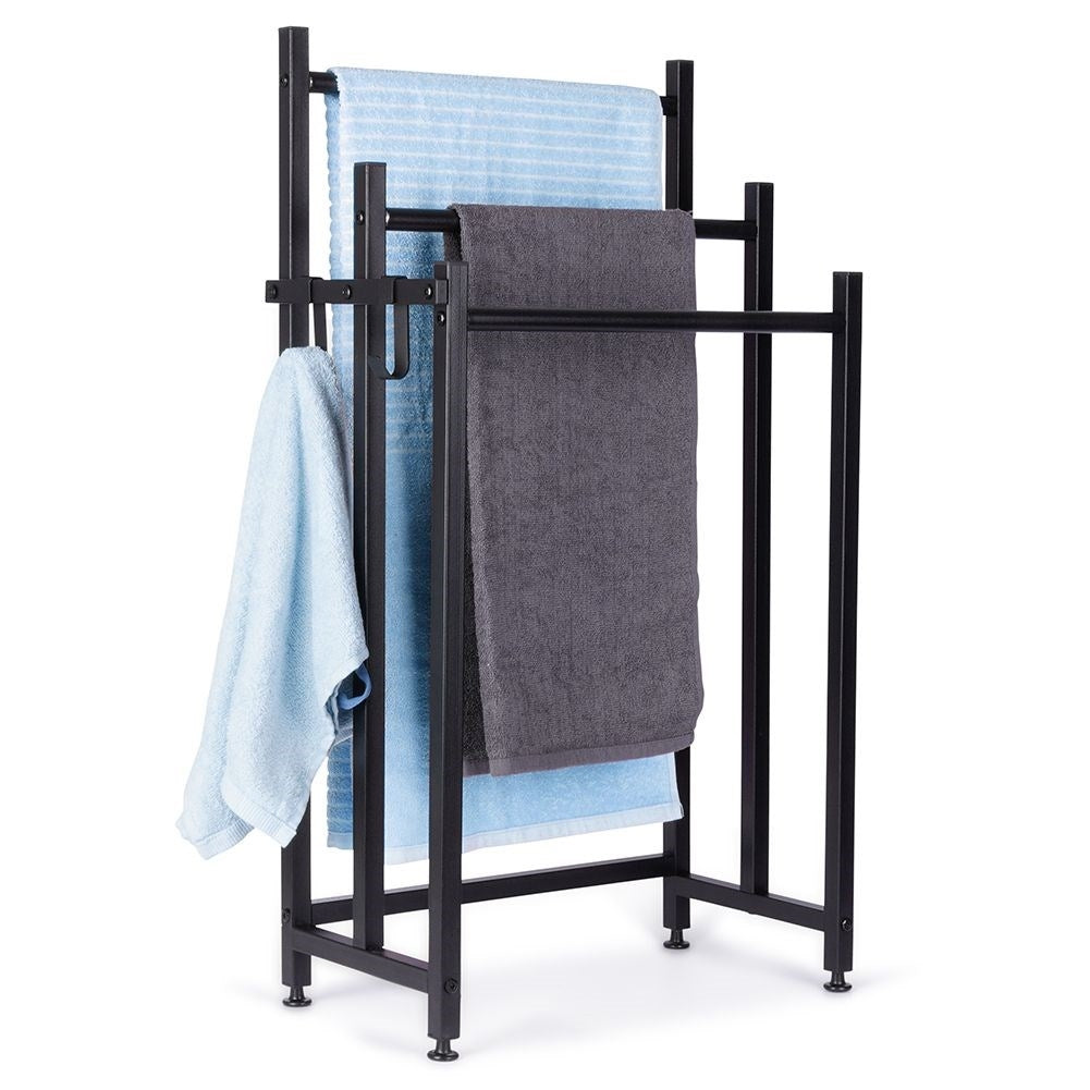 Black, free-standing towel rail with 3 bars and 2 hooks