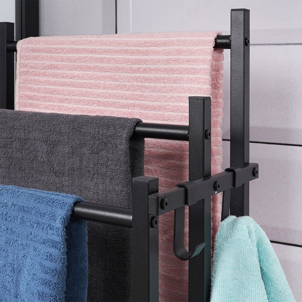Black, free-standing towel rail with 3 bars and 2 hooks