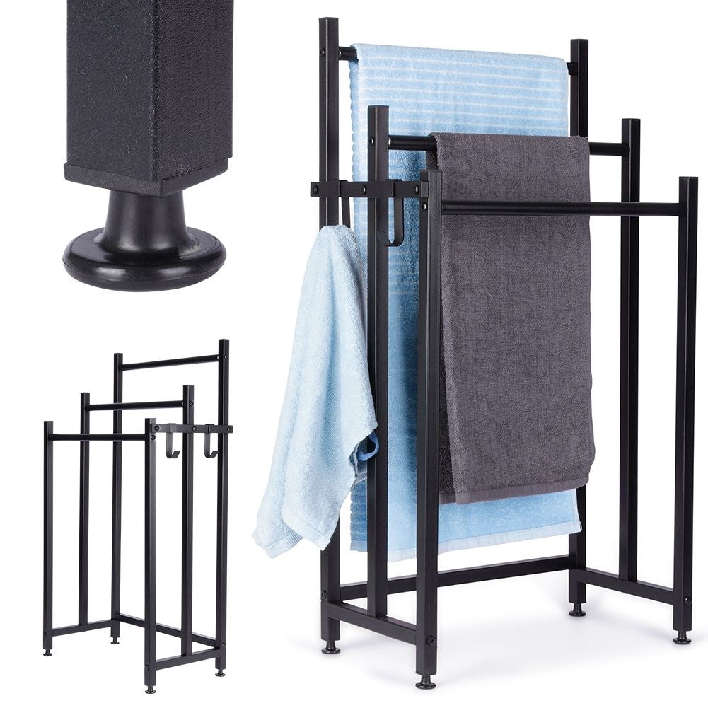 Black, free-standing towel rail with 3 bars and 2 hooks