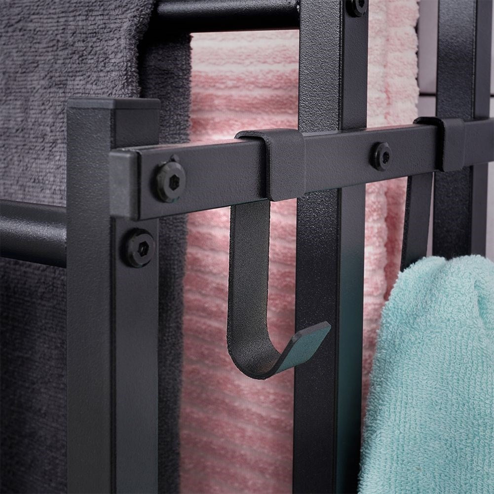 Black, free-standing towel rail with 3 bars and 2 hooks