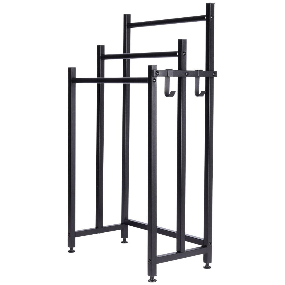 Black, free-standing towel rail with 3 bars and 2 hooks