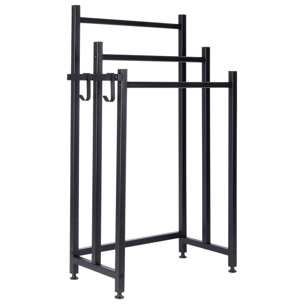 Black, free-standing towel rail with 3 bars and 2 hooks