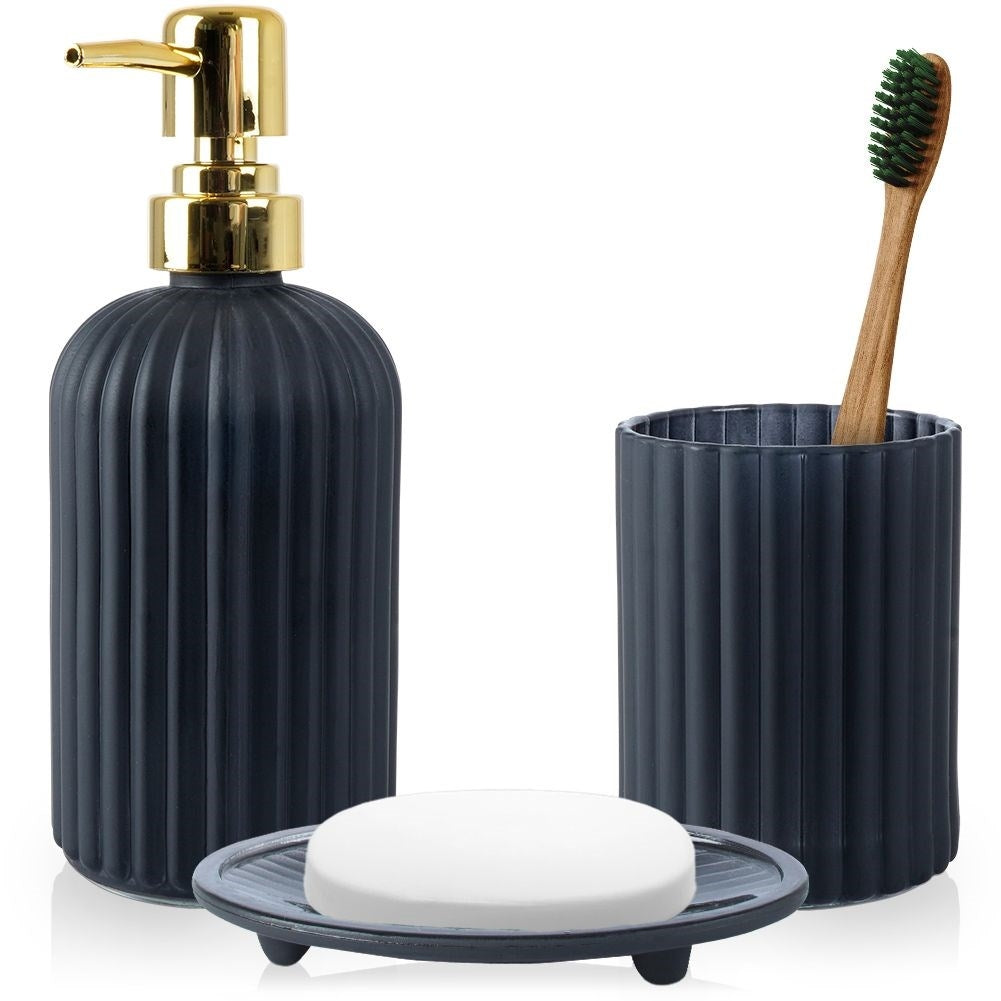Black glass bath set: soap container, soap dish and toothbrush cup