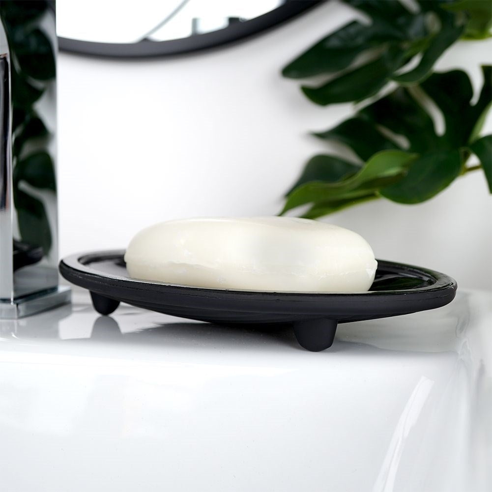Black glass bath set: soap container, soap dish and toothbrush cup