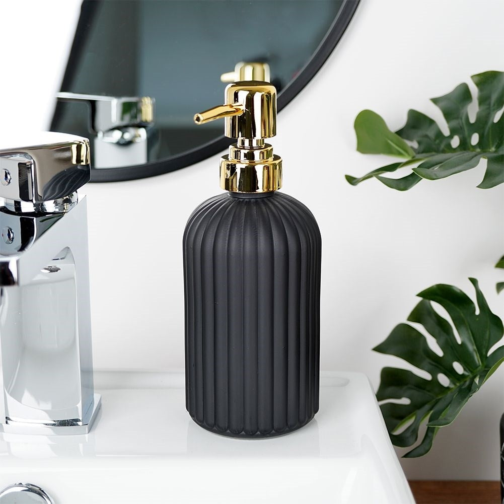 Black glass bath set: soap container, soap dish and toothbrush cup