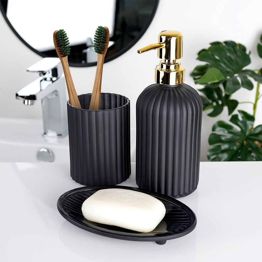 Black glass bath set: soap container, soap dish and toothbrush cup