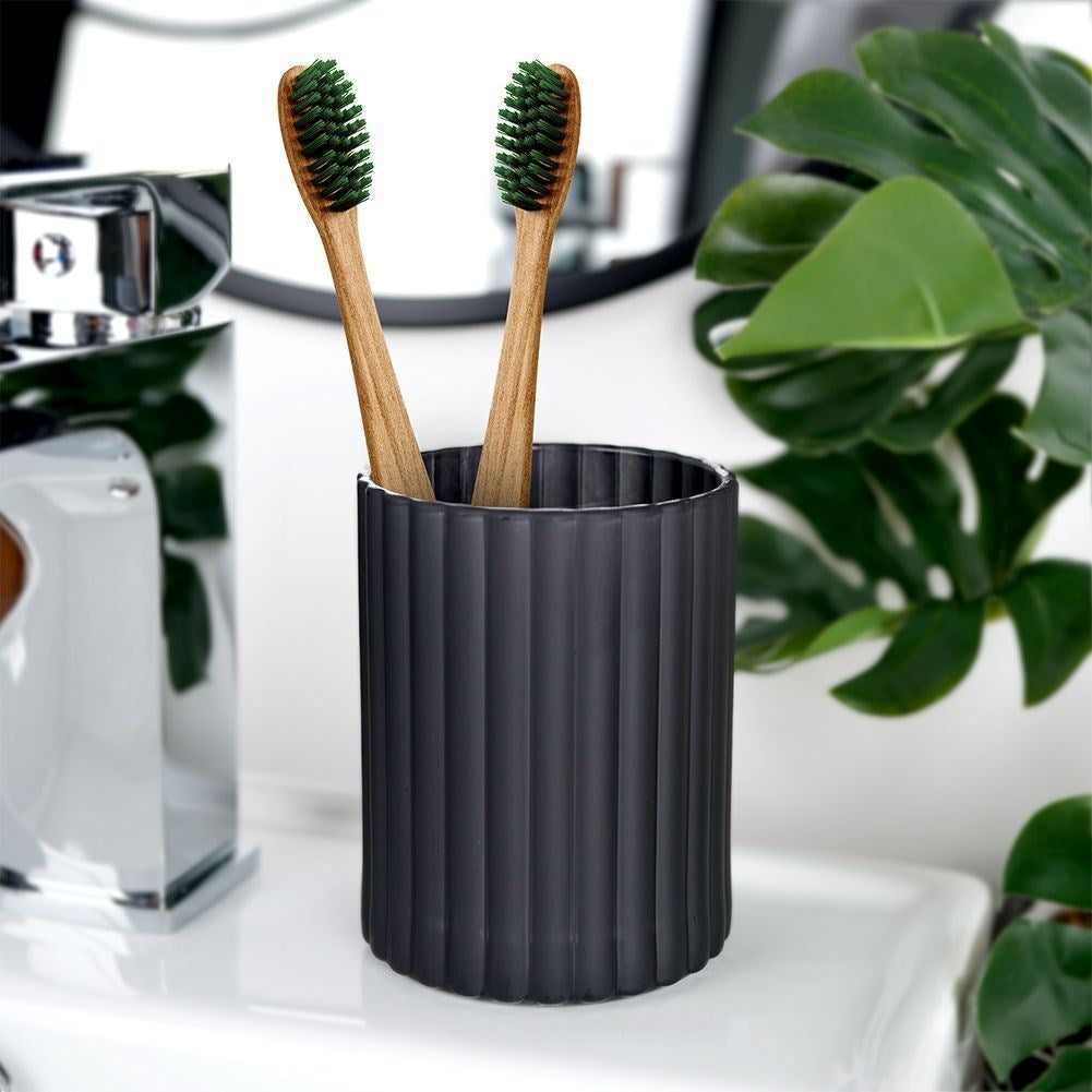 Black glass bath set: soap container, soap dish and toothbrush cup