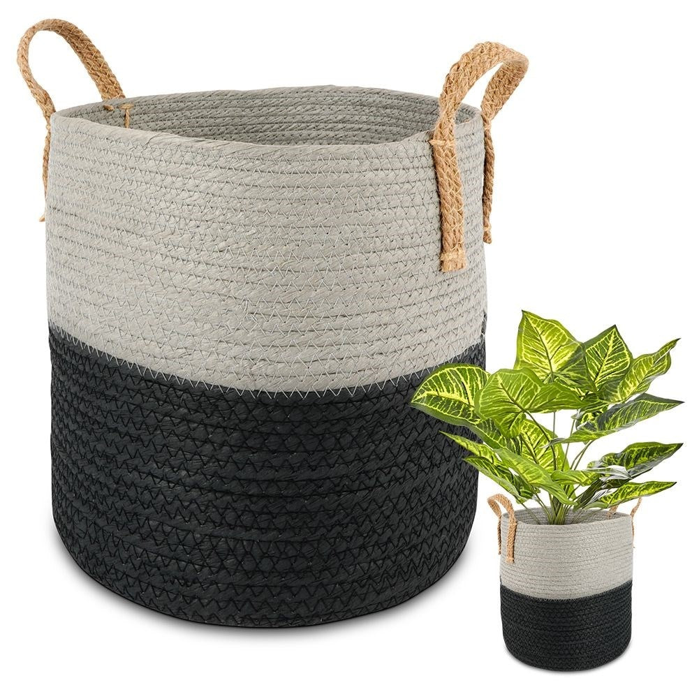 Black-grey bin with handle for storage and pot cover