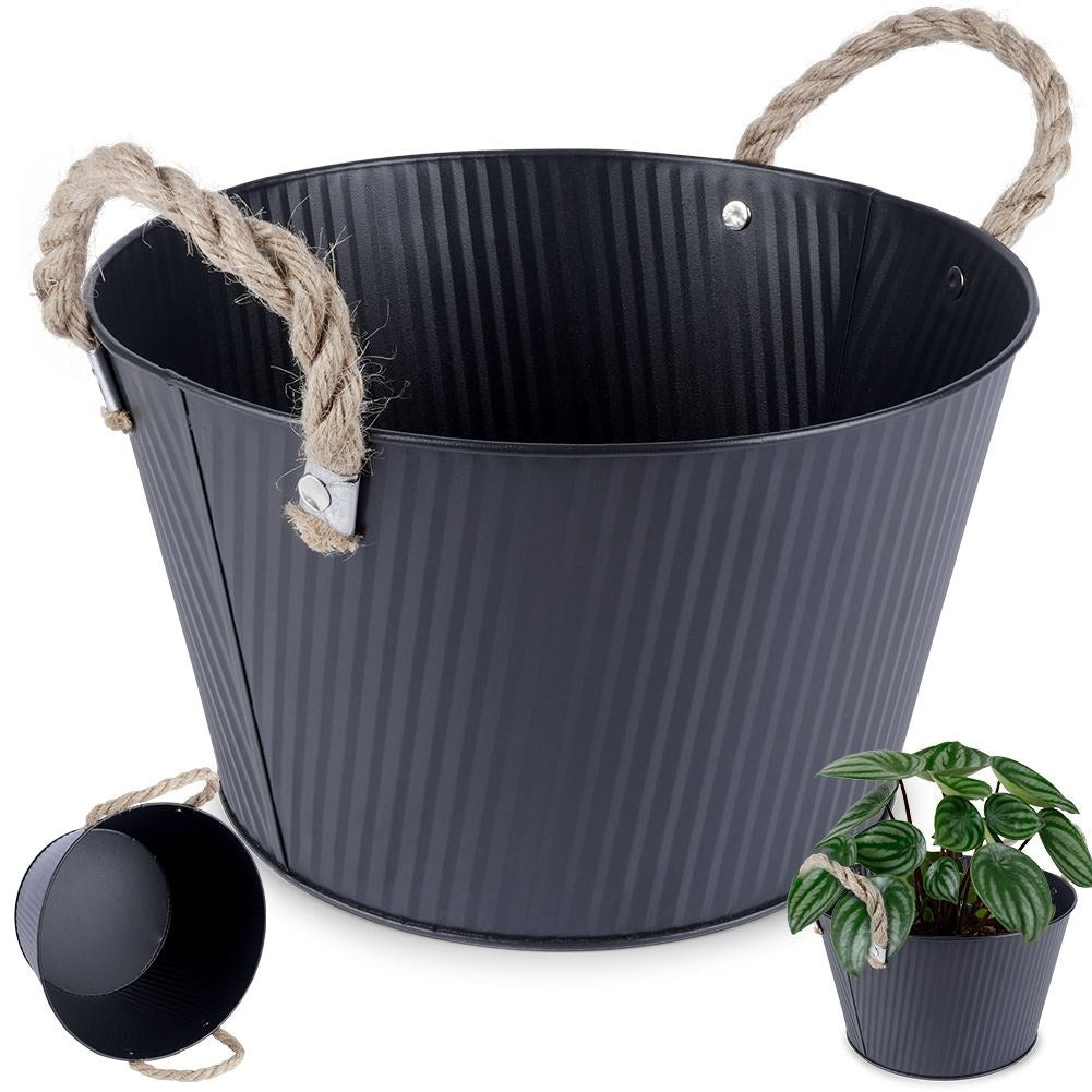 Black grooved metal pot for indoor/outdoor use