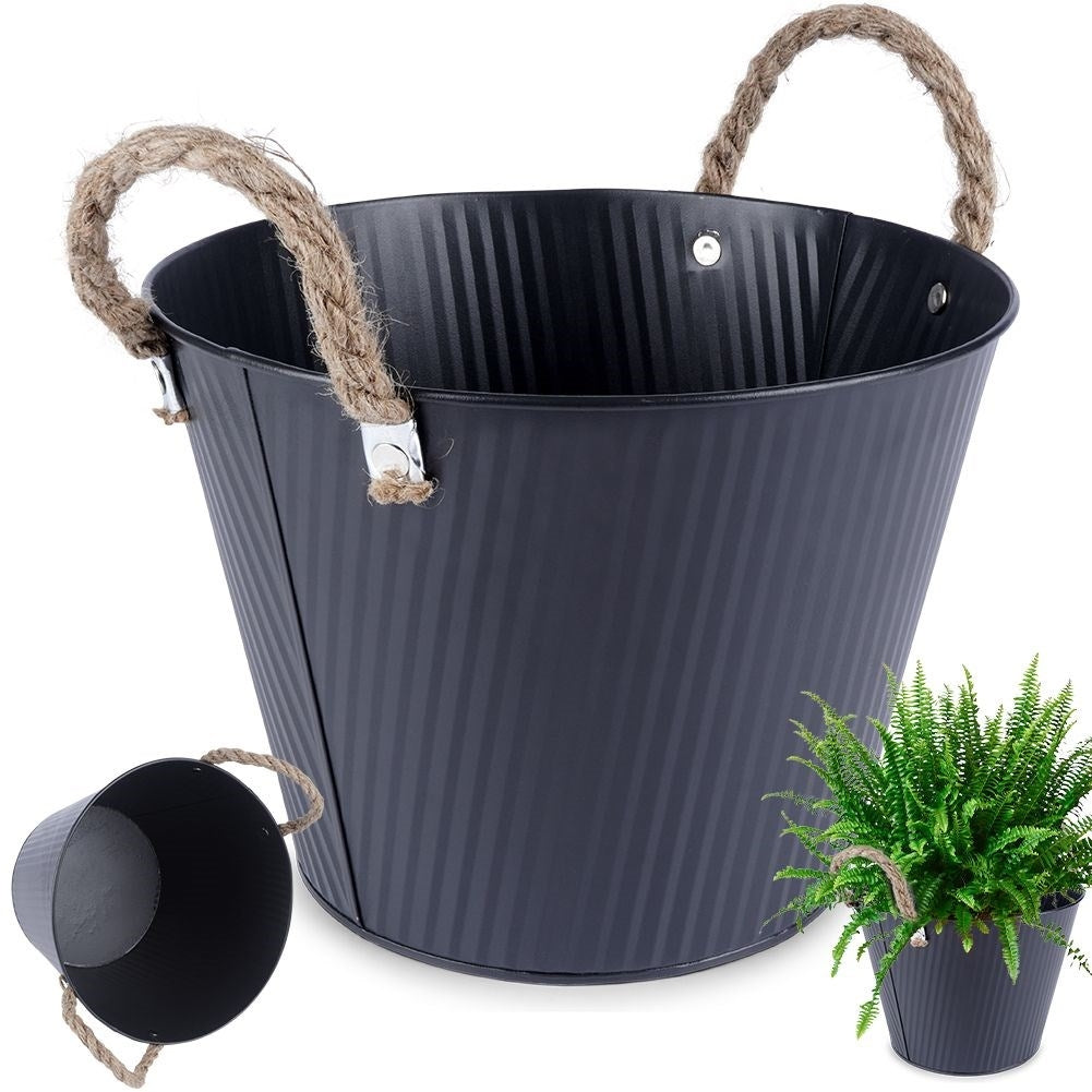Black grooved pot in galvanized metal for indoor/outdoor use